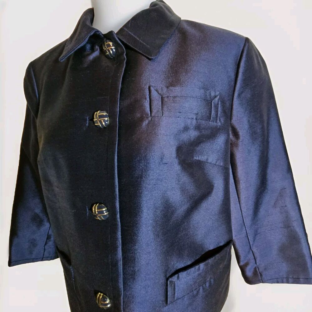 Talbots NWOT Blazer Women 12P Navy Silk Wool Blend Collared Button Up